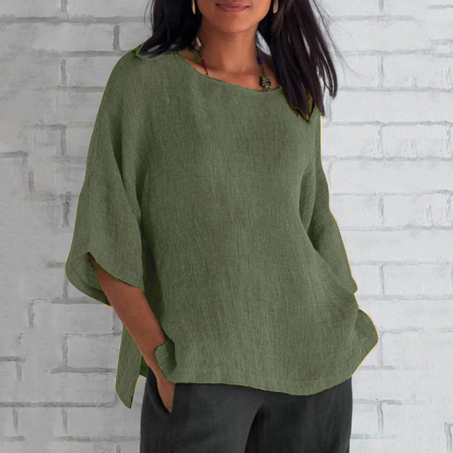 Womens Tops Casual Cotton Linen Tees Cropped Sleeve Shirts Spring Summer Fashion Clothing Solid Crewneck Tshirt