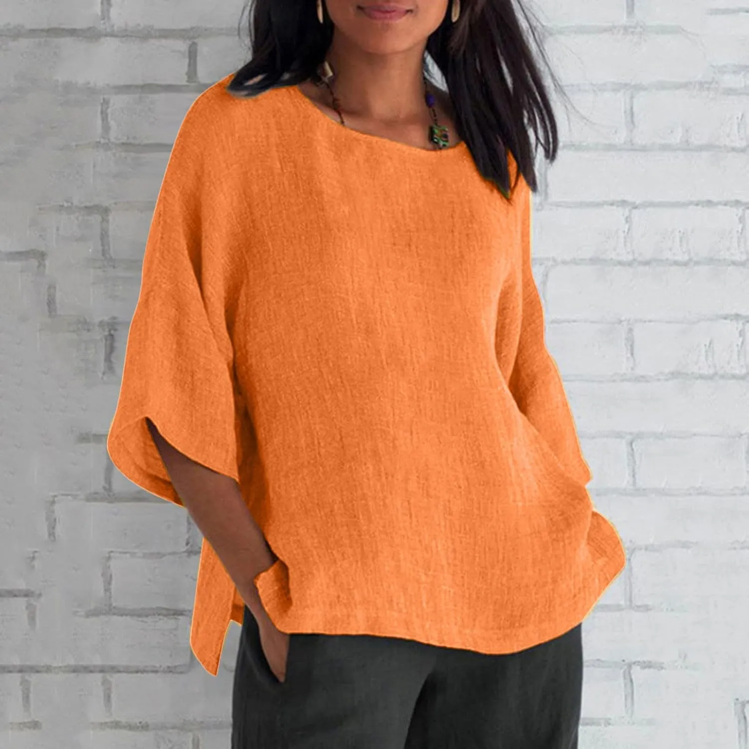 Womens Tops Casual Cotton Linen Tees Cropped Sleeve Shirts Spring Summer Fashion Clothing Solid Crewneck Tshirt