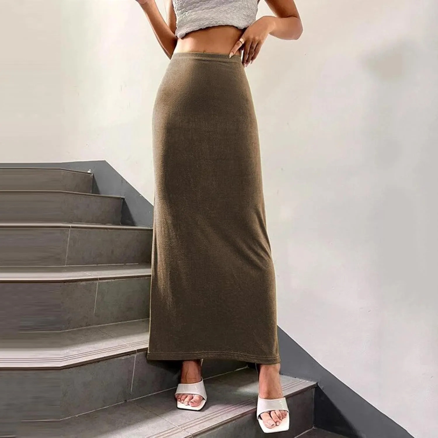 Womens Vintage Elastic High Waist Velvet Skirt Dressy Elegant Cocktail Wedding Evening Party Maxi Bodycon Skirts