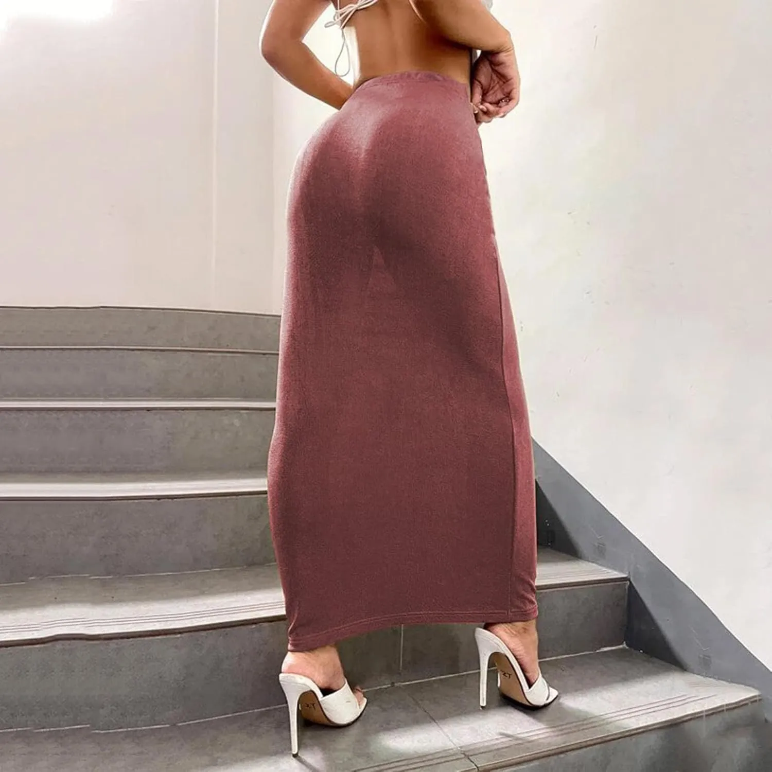 Womens Vintage Elastic High Waist Velvet Skirt Dressy Elegant Cocktail Wedding Evening Party Maxi Bodycon Skirts