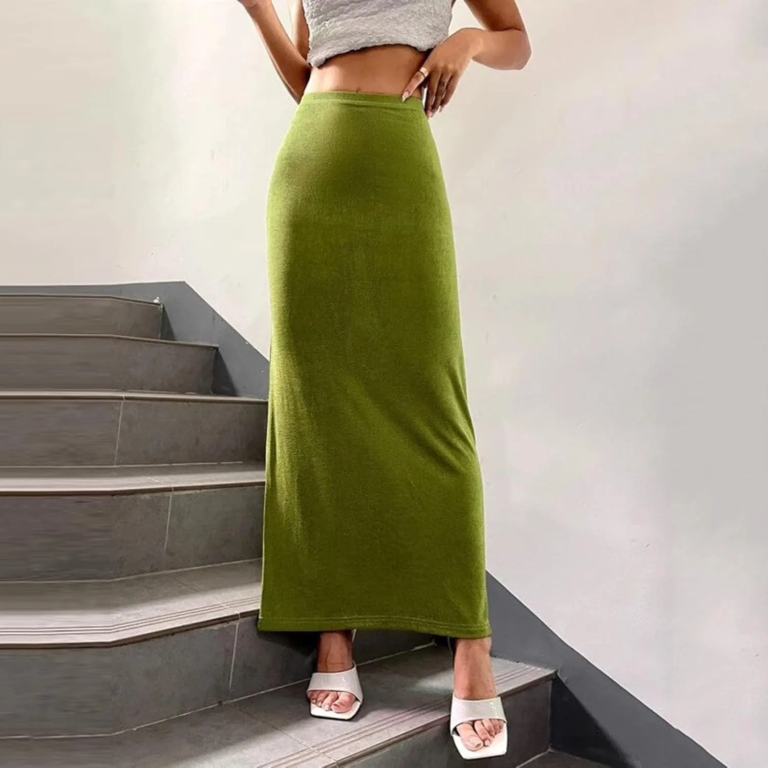 Womens Vintage Elastic High Waist Velvet Skirt Dressy Elegant Cocktail Wedding Evening Party Maxi Bodycon Skirts