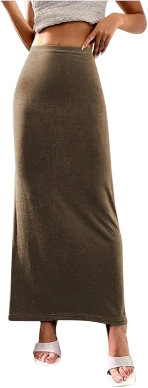 Womens Vintage Elastic High Waist Velvet Skirt Dressy Elegant Cocktail Wedding Evening Party Maxi Bodycon Skirts