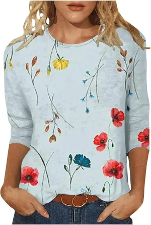 Womens Vintage Print Summer Blouses Elbow Length Casual Tops 3/4 Sleeve Tshirts Shirts Loose Fit Ladies Clothing 2024