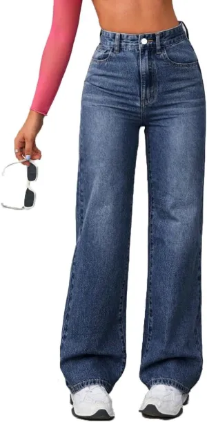 Women's Wide Leg Jeans Casual High Waisted Straight Jeans Stretch Denim Pants with Pockets