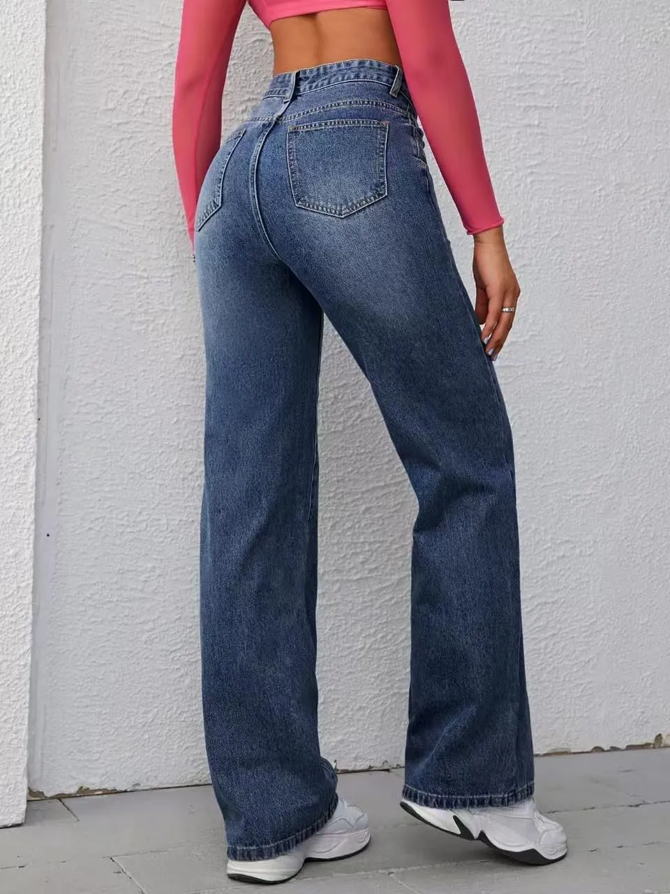 Women's Wide Leg Jeans Casual High Waisted Straight Jeans Stretch Denim Pants with Pockets