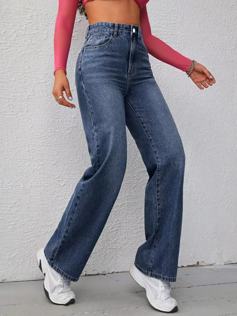 Women's Wide Leg Jeans Casual High Waisted Straight Jeans Stretch Denim Pants with Pockets