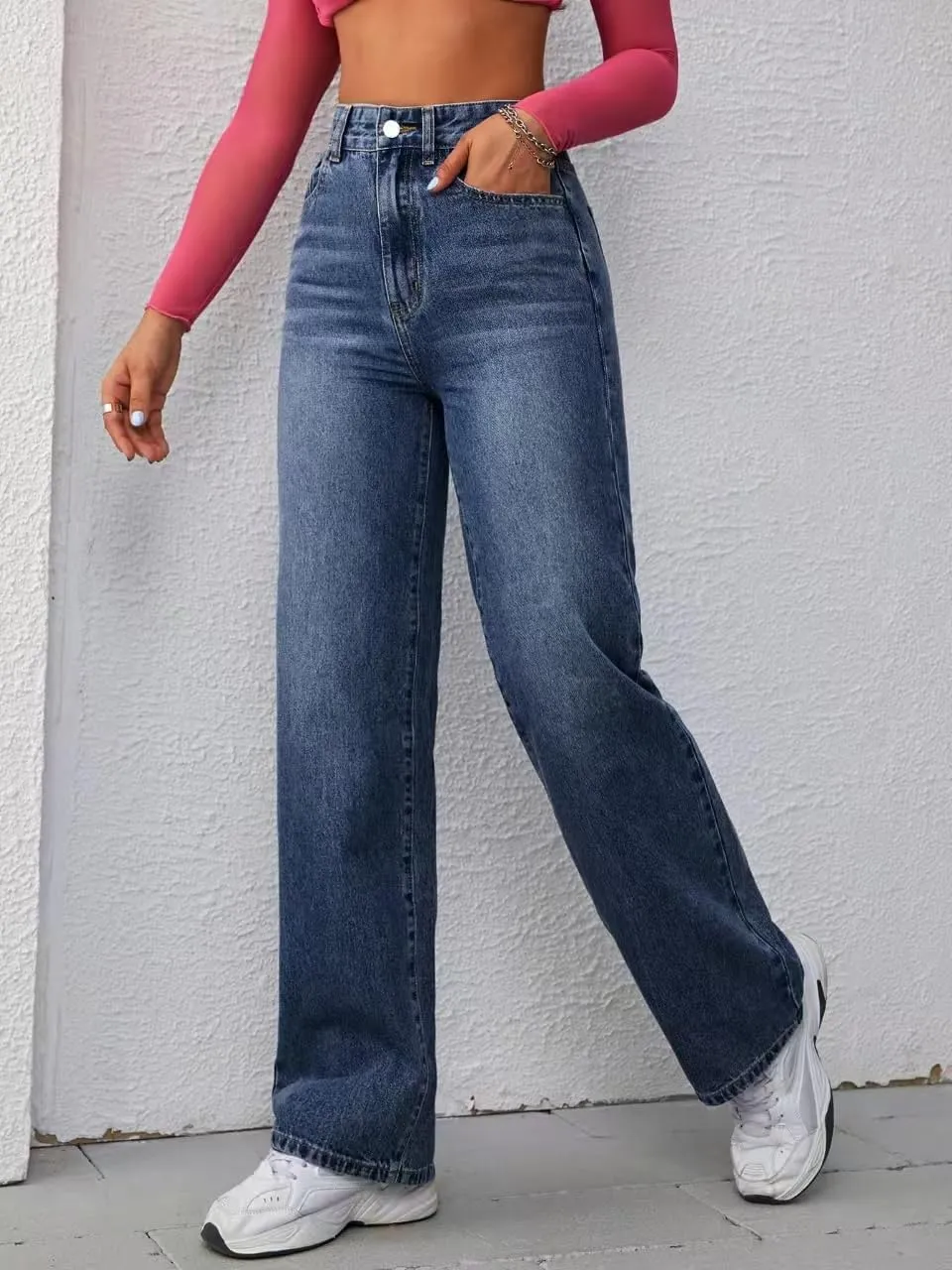Women's Wide Leg Jeans Casual High Waisted Straight Jeans Stretch Denim Pants with Pockets