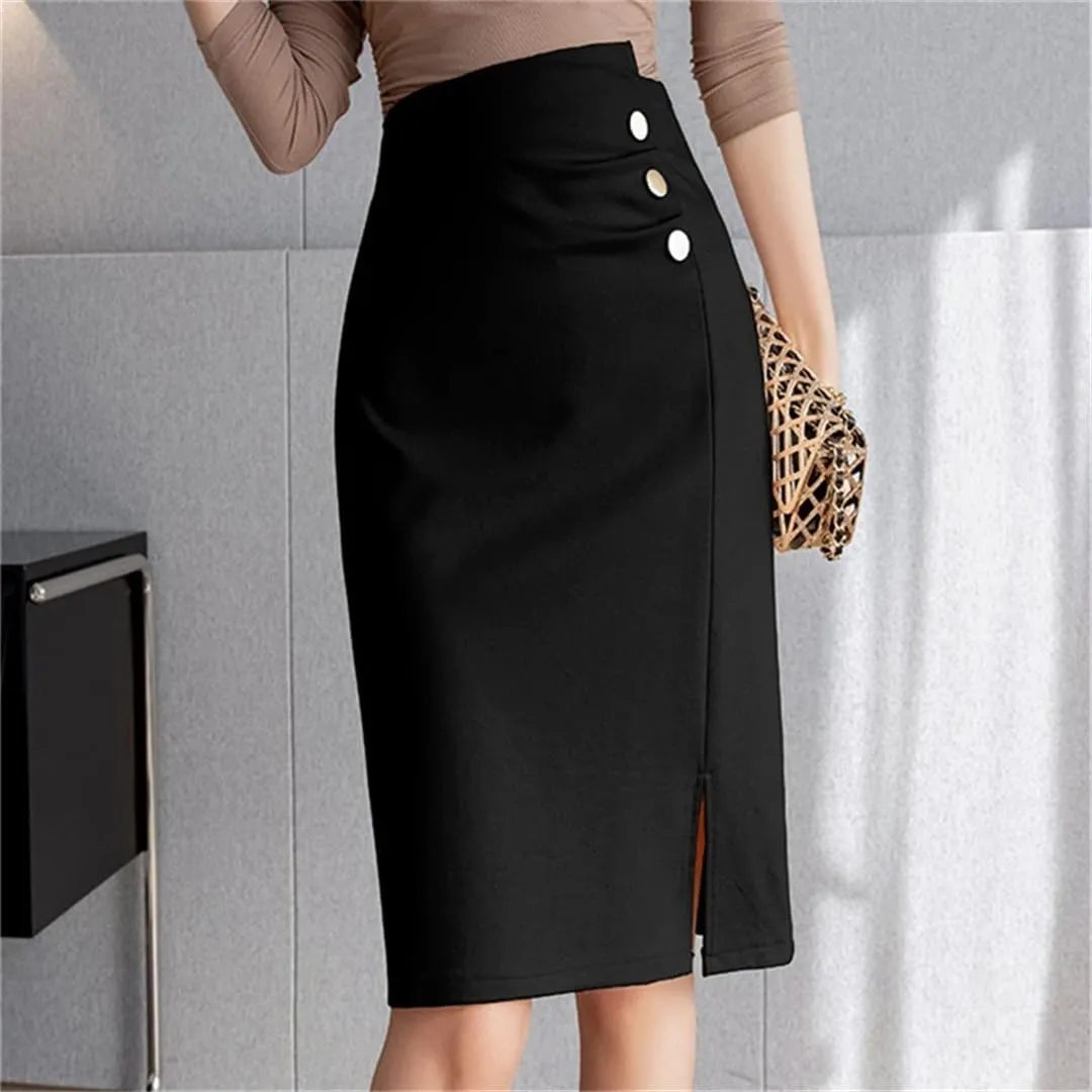 Women's Wrap Pencil Buttons Solid High Waist Front Split Sheath Office Skirts