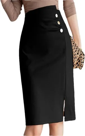 Women's Wrap Pencil Buttons Solid High Waist Front Split Sheath Office Skirts