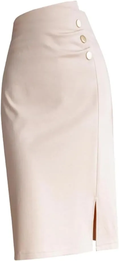 Women's Wrap Pencil Buttons Solid High Waist Front Split Sheath Office Skirts