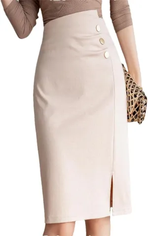 Women's Wrap Pencil Buttons Solid High Waist Front Split Sheath Office Skirts
