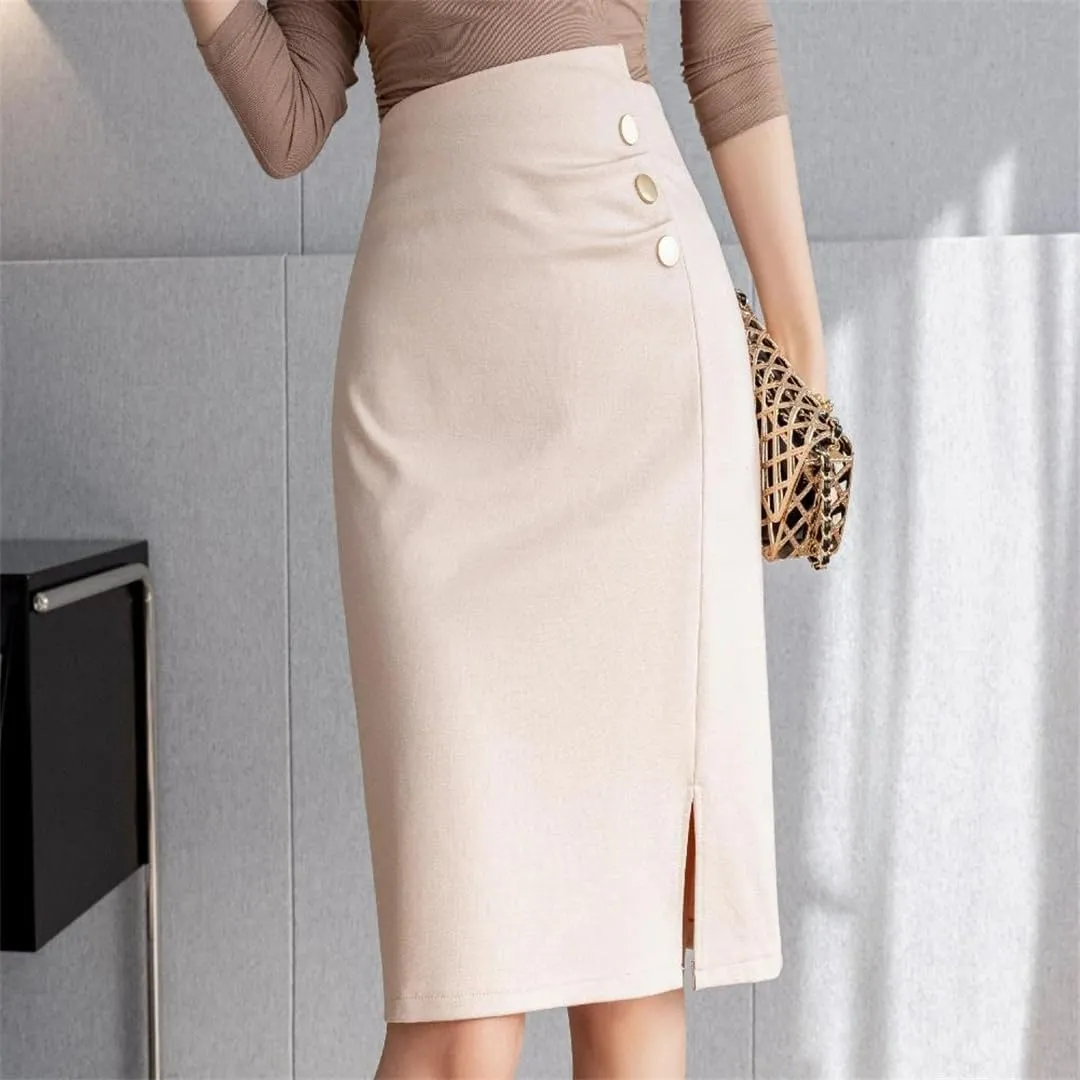 Women's Wrap Pencil Buttons Solid High Waist Front Split Sheath Office Skirts