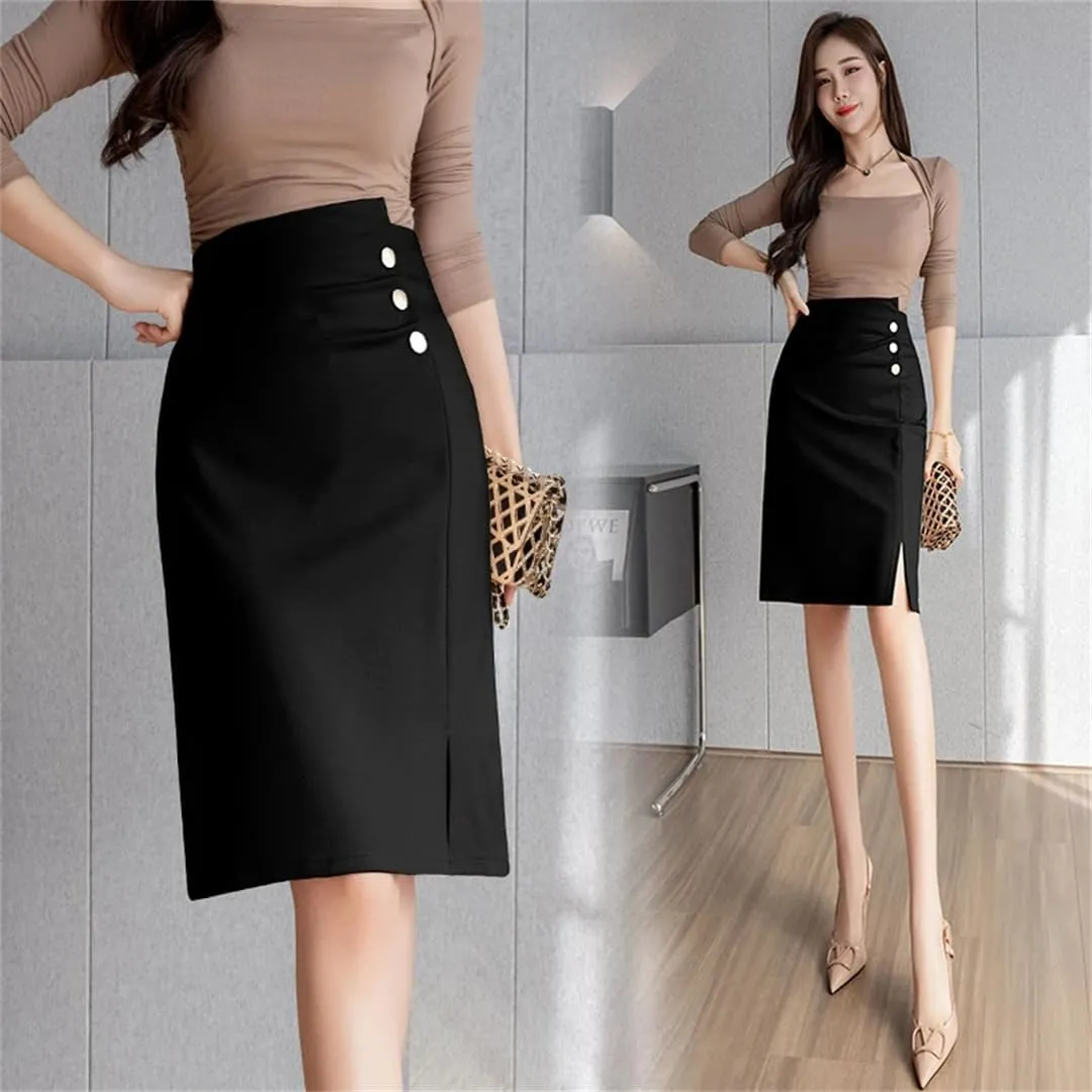 Women's Wrap Pencil Buttons Solid High Waist Front Split Sheath Office Skirts