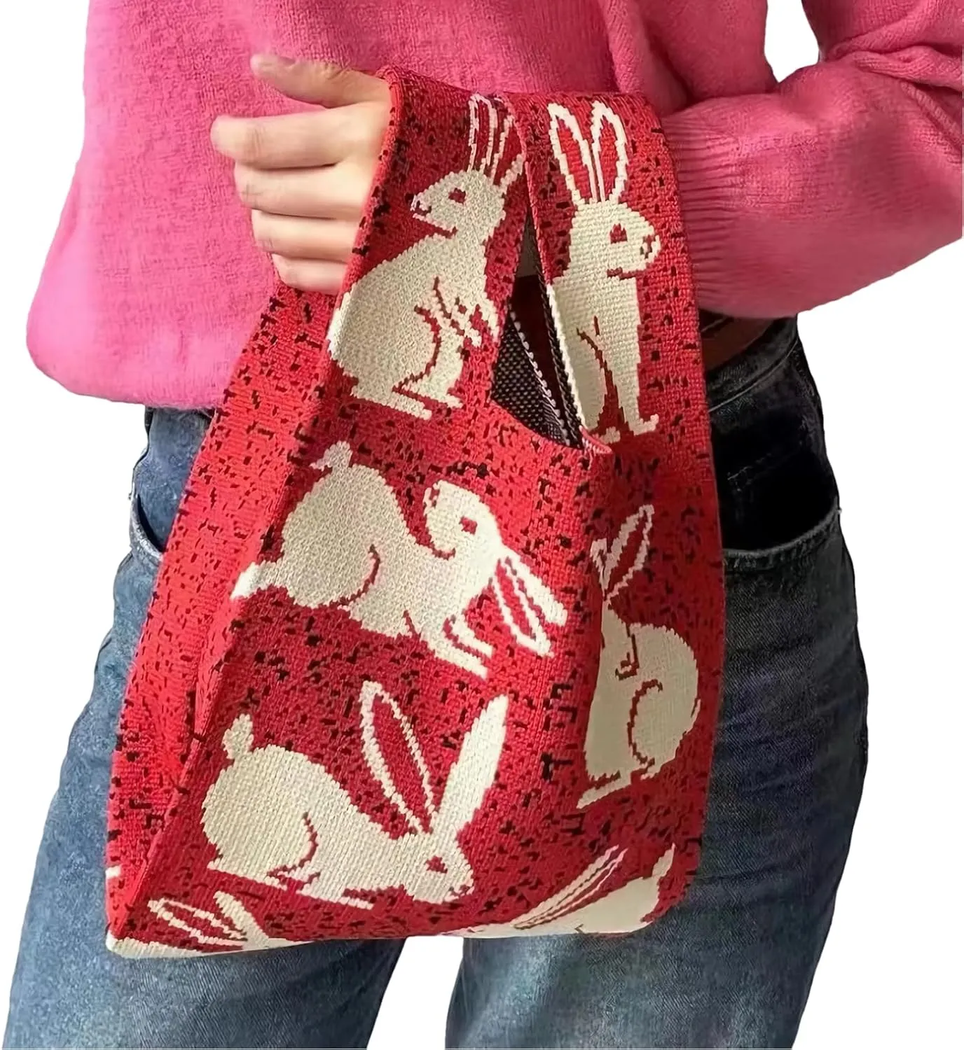 Women's Wrist Knotted Tote Bag Crochet Wristlet Handbag Aesthetic Cute Knit Purse (Very Small Size)