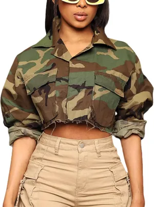 Yimoon Camo Jacket Women Cropped Army Fatigue Jacket Crop Camouflage Top Camo Outfits Casual Cargo Trendy Long Sleeve Tops