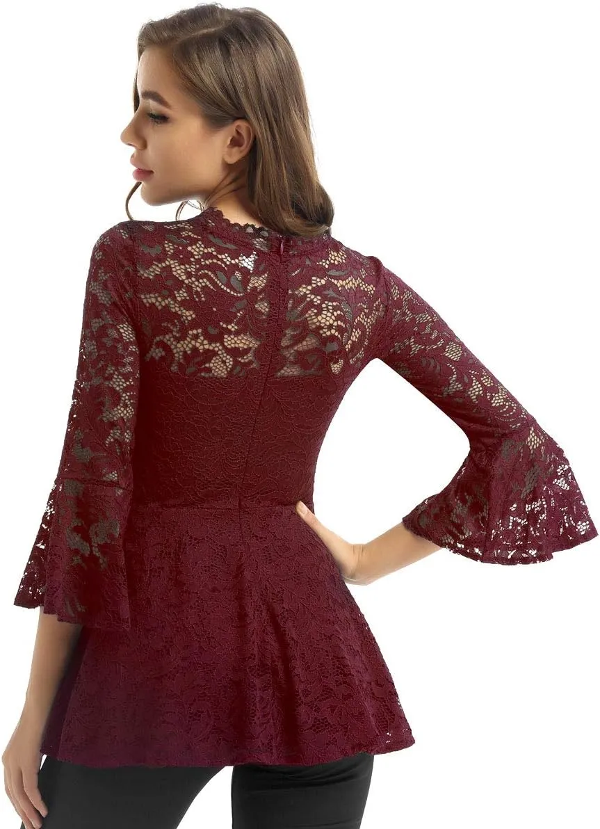 YiZYiF Womens 3/4 Flare Sleeve Scalloped Neck Lace Peplum Blouse Top Tunic Casual Shirts