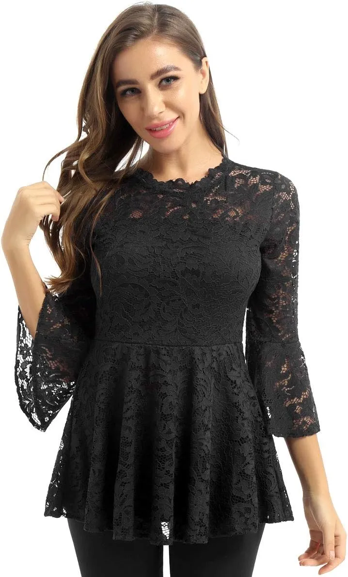 YiZYiF Womens 3/4 Flare Sleeve Scalloped Neck Lace Peplum Blouse Top Tunic Casual Shirts