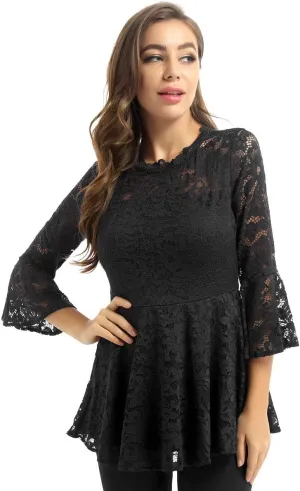 YiZYiF Womens 3/4 Flare Sleeve Scalloped Neck Lace Peplum Blouse Top Tunic Casual Shirts