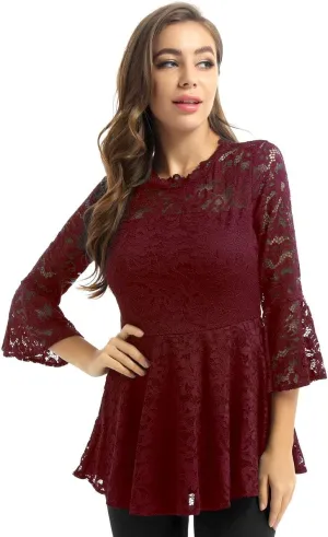 YiZYiF Womens 3/4 Flare Sleeve Scalloped Neck Lace Peplum Blouse Top Tunic Casual Shirts