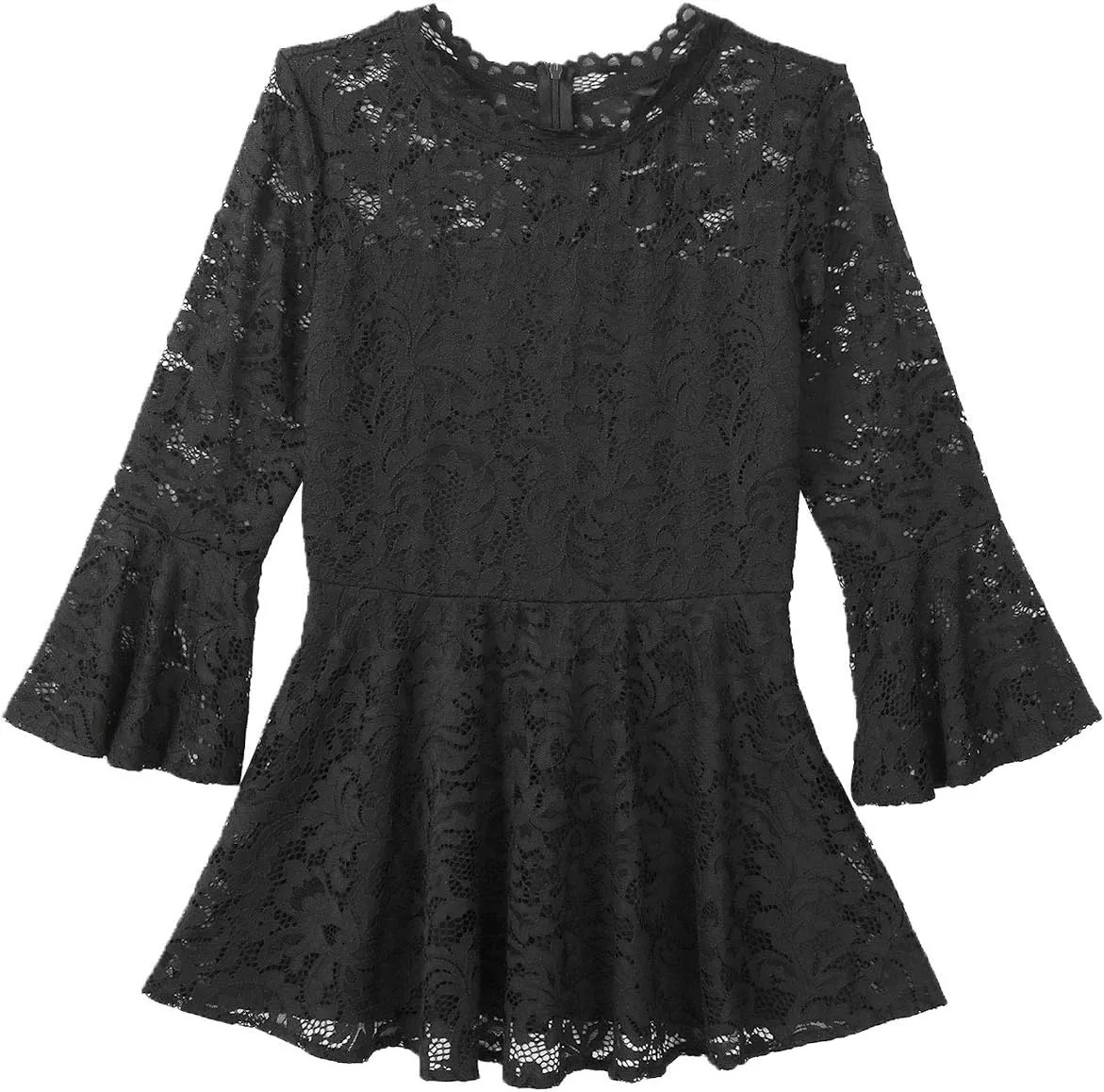 YiZYiF Womens 3/4 Flare Sleeve Scalloped Neck Lace Peplum Blouse Top Tunic Casual Shirts