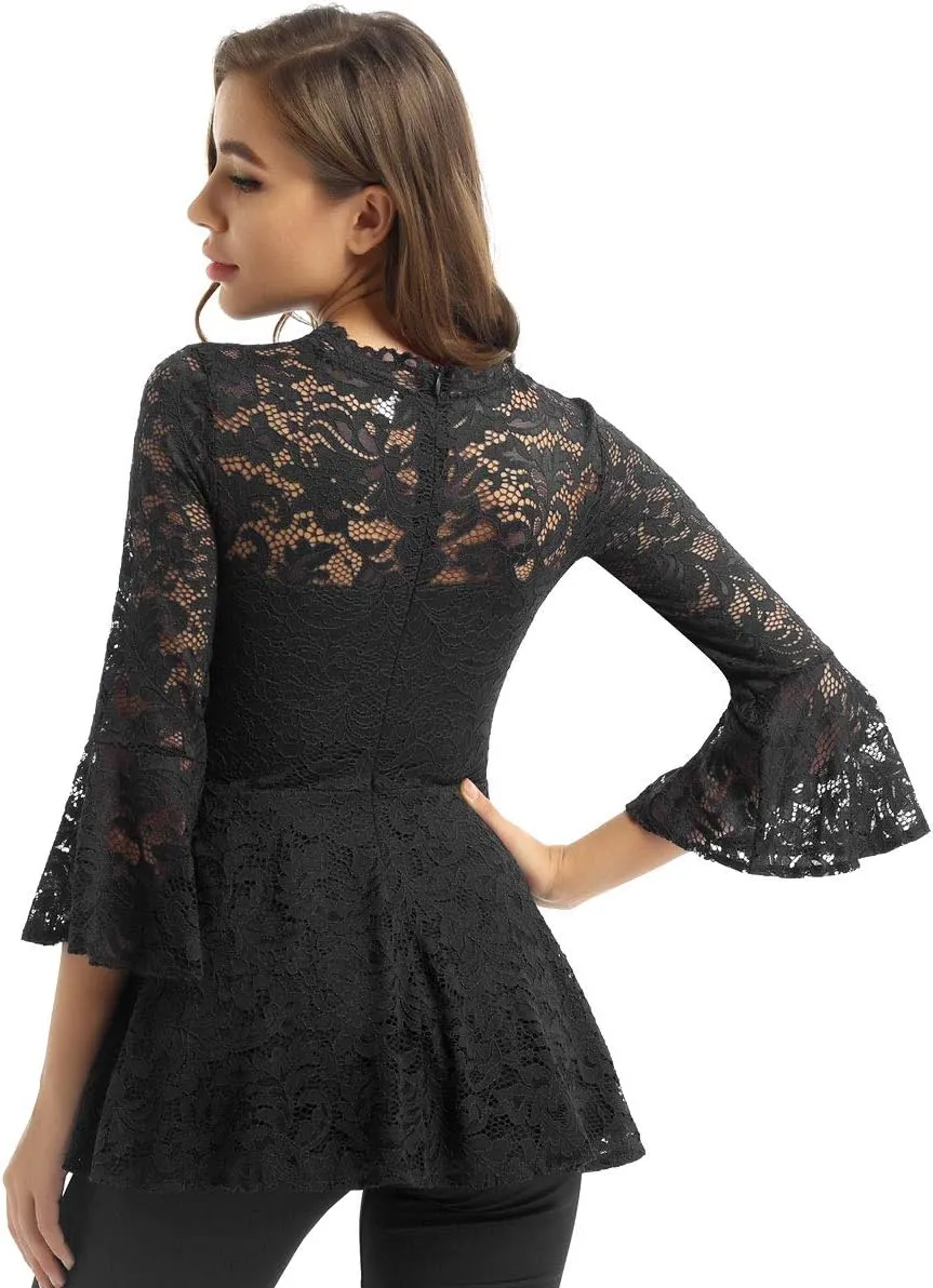 YiZYiF Womens 3/4 Flare Sleeve Scalloped Neck Lace Peplum Blouse Top Tunic Casual Shirts