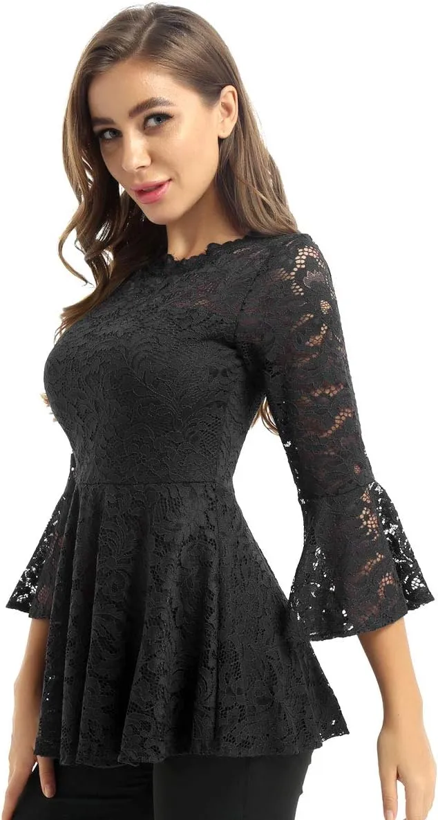 YiZYiF Womens 3/4 Flare Sleeve Scalloped Neck Lace Peplum Blouse Top Tunic Casual Shirts