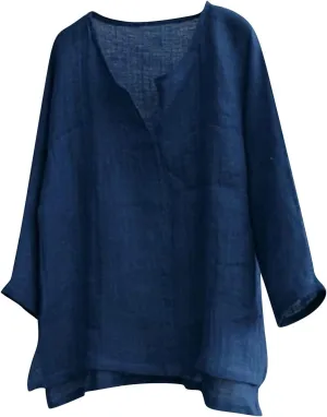 Ymosrh Men's Hawaiian Shirts T-Shirt Cotton Linen Solid Color Loose V-Neck Long Sleeve Shirt Shirts