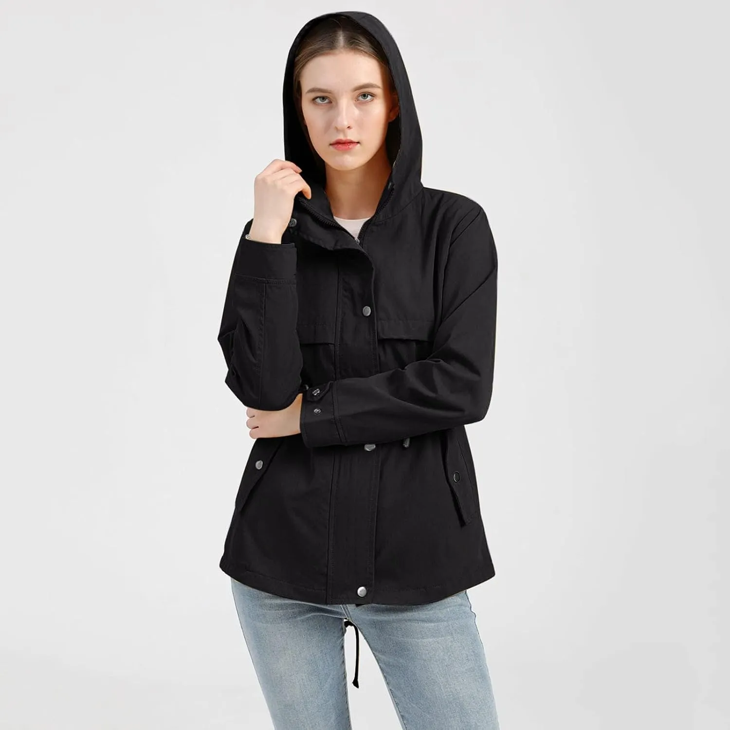ZYXTIM Women's Outdoor Trench Coat Windbreaker Hood Waterproof Jacket Lightweight Plus Size Cozy Work Running Rain Coats
